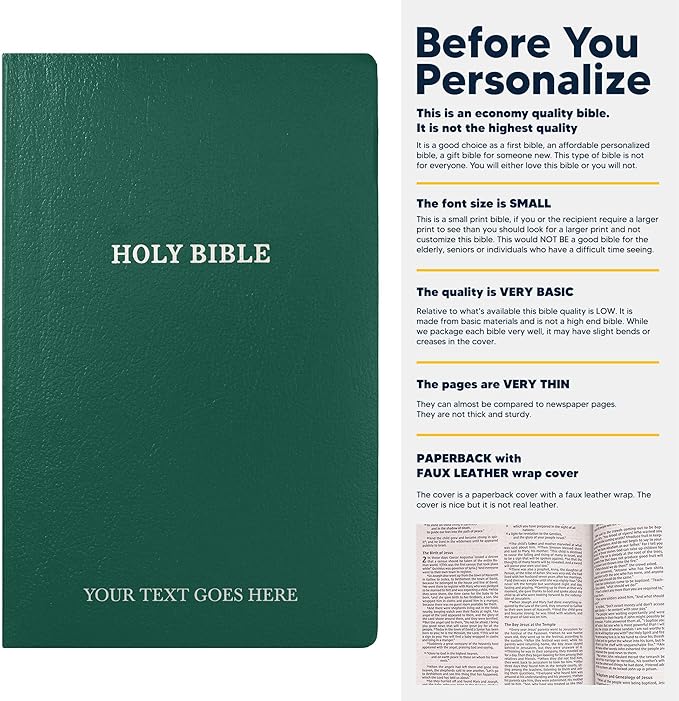 Personalized KJV Bible King James Version Faux Leather Small Print Economy Bible with Custom Name at The Lower Right Side, Highlighted Verses, Gift for Christian Celebrations (Forest Green)