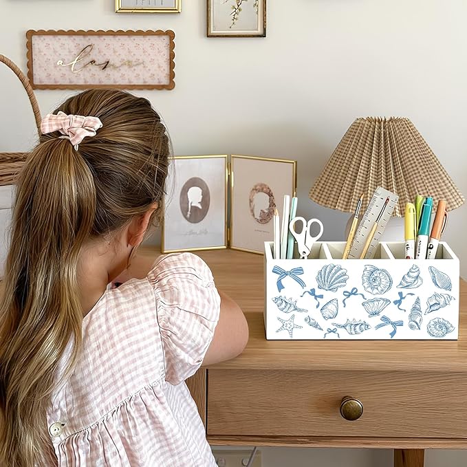 Blue Preppy Beach Pen Pencil Holder for Desk, Beach Office Decor, Coquette Blue Bow Coastal Seashell Beachy Wooden Box Sign Decorations for Girly Room Bedroom Dorm Office Desk Tabletop