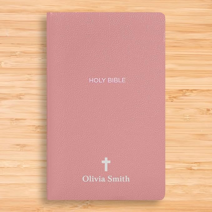 MerchSalad Personalized NKJV Bible New King James Version Faux Leather Holy Bible with Custom Name SMALL PRINT with Red-Highlighted Verses, Custom Gift for Christian & Religious Celebrations | Pink