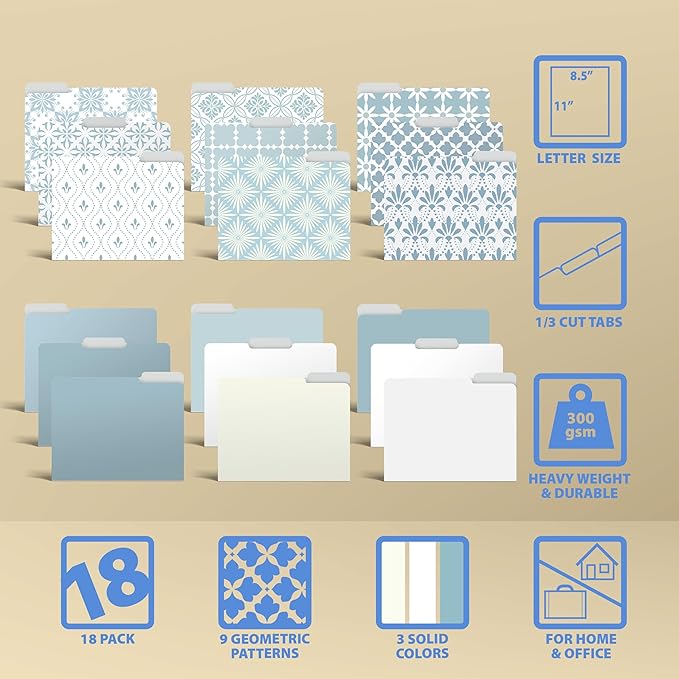 Better Office Products Decorative File Folders, 18 Pack Letter Size, Floral & Solid Designs, Heavyweight Laminated Cute File Folders, Pretty File Folders, File Folders Decorative with 1/3 Cut Tabs
