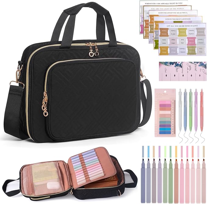 Bible Cover Case for Women Elegant Carrying Bag with Handles & Shoulder Strap Large Bible Storage Bag–Includes Bible Study Supplies Highlighters(Black, L)