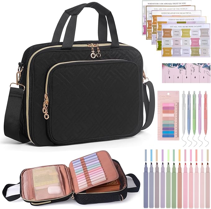 Bible Cover Case for Women Elegant Carrying Bag with Handles & Shoulder Strap Large Bible Storage Bag–Includes Bible Study Supplies Highlighters(Black, L)