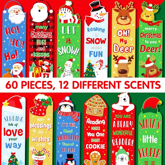 Fainne 60 Pieces Christmas Scented Bookmarks Kids Bulk Scratch and Sniff Classroom Valentines Back to School Bookmarks Gift Stuff for Students Christmas End of Year Graduation Birthday Favor