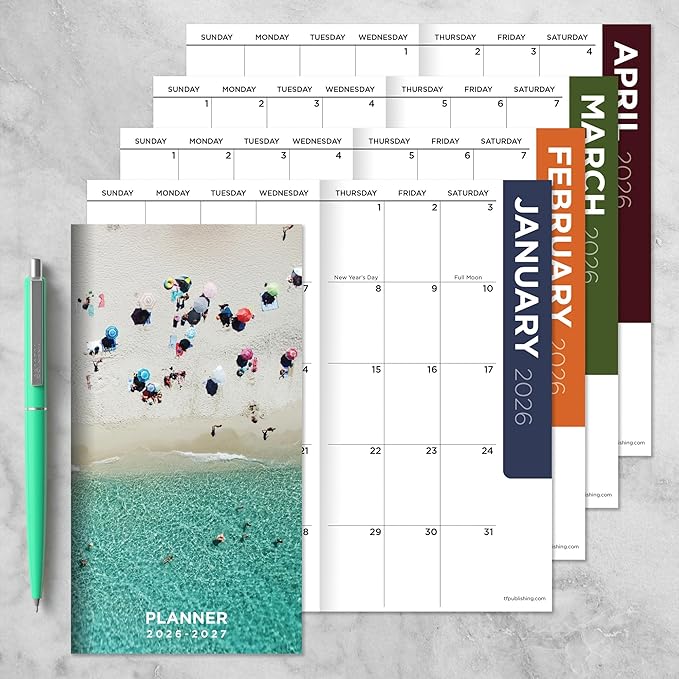 TF Publishing 2026-2027 Beaches Small Monthly Pocket Planner - 2-Year Pocket Calendar with Large Monthly Grid & Lined Notes - Mini Planner 2026-2027 for Purse, 3.5in x 6.5in