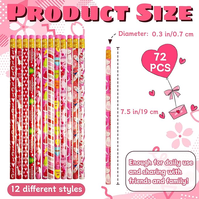 Bvrbaory 72 Pcs Valentine's Day Pencils,Bulk Wood Pencils,Pink Valentine Pencil with Erasers for Goodie Bags Fillers,Party Favors,School Classroom Rewards(12 Styles)