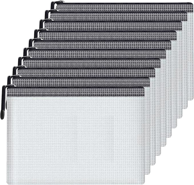 Mesh Document Bag Set of 10, Waterproof Zipper Pouch / A4 Size Zip File, for Household Daily Storage School Office M-D-2B (Black, B4 (15.35×11.22 Inch))