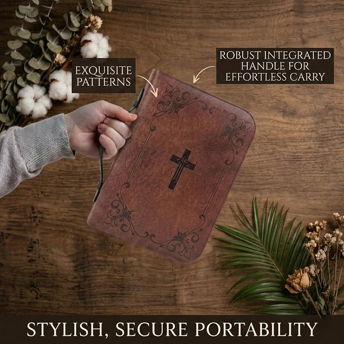 Large Bible Cover Case for Men & Women, Premium Faux Leather Bible Bag with Handle & Zipper, Christian Cross Book Carrying Case & Protector, Bible Study Supplies, Religious Gift(11.2 x 8 x 2.2 in)