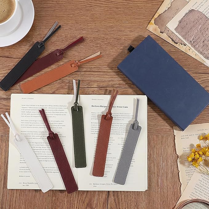 8Pcs Leather Bookmark, Classic Stitched Book Mark with Leather Rope Teacher's Day Gifts for Reading Men Boy School Students