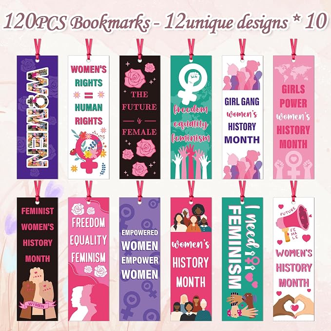 Women's History Month Bookmarks Gifts - Wxiben 120 Pcs National Women's Day Bookmark Freedom Equality Feminism Book Mark Page Clip for March 8th Teacher School Classroom Stationery Handout Supplies