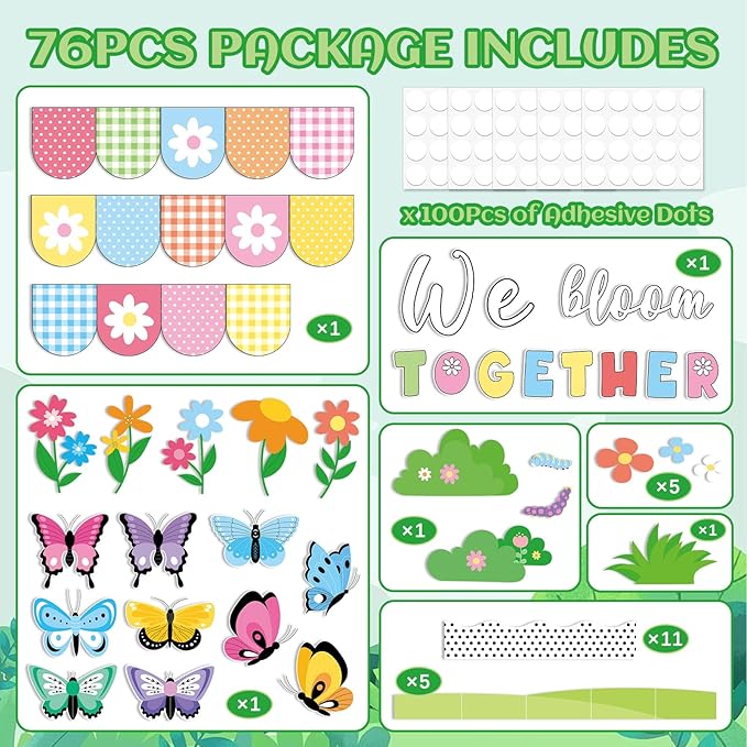 76PCS Spring Classroom Bulletin Board Decorations Set We Bloom Together Butterfly Flower Cutouts with DIY Photo Craft Spring Summer Floral Boarders for School Church Chalkboard Wall Decor Office Home