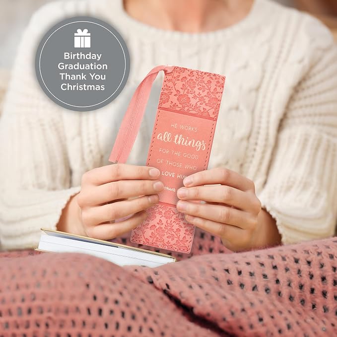 Christian Art Gifts Premium Vegan Leather Scripture Bookmark for Women: He Works All Things - Roman 8:28 Inspirational Bible Verse Heat-Debossed Reading Book Accessory with Ribbon Tassel, Peach Floral