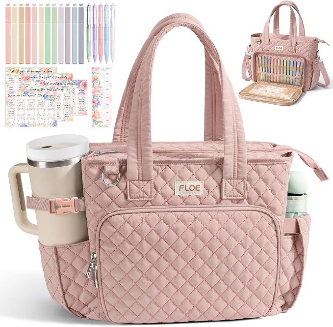 Large Bible Bag for Women Bible Cover Case, Quilted Puffer Bible Tote Bag Church Bag w/Shoulder Strap, Bible Study Supplies Journaling Kit Accessories Pen Tabs, Christmas Christian Gifts for Women Mom
