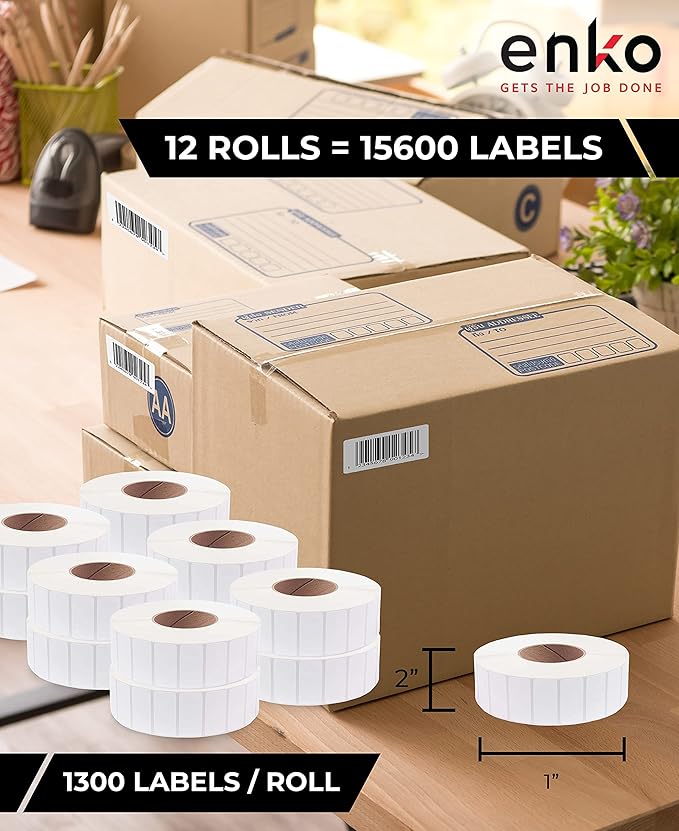 enKo (12 Rolls, 15600 Labels) 2 x 1 inches Perforated Adhesive Direct Thermal Labels, FBA Stickers, FNSKU Labels, Mailing Barcode - Compatible for Rollo, Zebra, Eltron, MUNBYN Printer