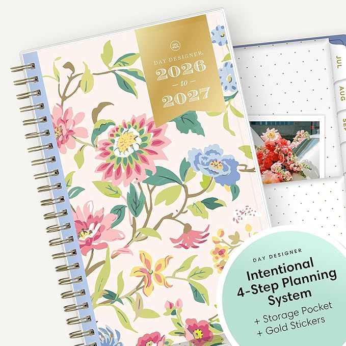Blue Sky Day Designer 2026-2027 Weekly and Monthly Academic Year Planner Calendar, July 2026 - June 2027, 5" x 8", Clear Pocket Cover, Laminated Tabs, Storage Pocket, Includes Stickers, Climbing Floral Blush
