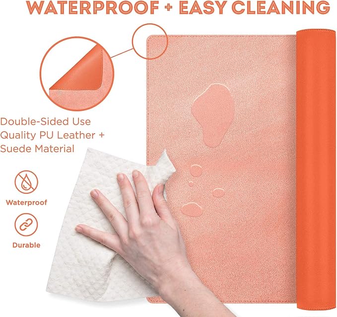 FTC PU Leather Desk Pad & Desk Blotter, Non-Slip Flannelette Base, Stitched Desk Mat for Keyboard, Mouse & Writing, Home or Office (Orange, 31.5” x 15.75”)