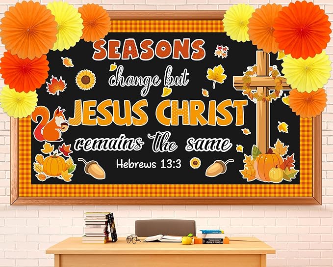 Fall Jesus Christian Bulletin Board Decorations Set with 3D Tissue Paper Flower Fall Thanksgiving Classroom Bulletin Board Border Autumn Maple Leaves Pumpkins Cutouts for Library Chalkboard Supplies