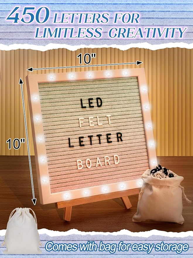 Changeable Felt Letter Board with LED Lights - 10×10" Message Custom Signs & Wood Stand & 450 Letters, Poster Board for Easter/Baby/Pregnancy Announcement/Classroom Wall Decor Gifts, Gradient
