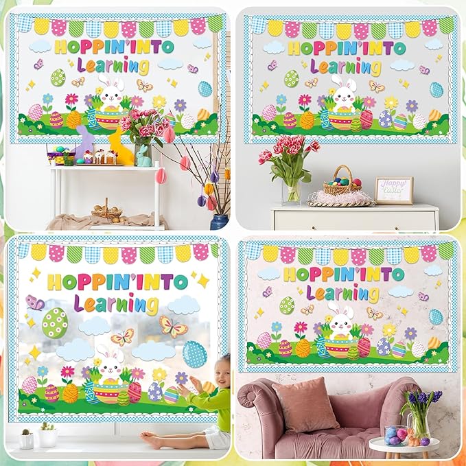 Spring Easter Bulletin Board Set Easter Classroom Decorations Hopping into Spring Bulletin Board Spring Bunny Eggs Paper Cutouts for Holiday Teacher School Office Chalkboard wall Decor