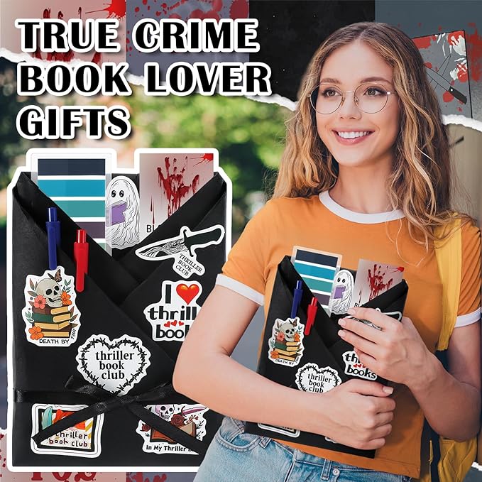 Honoson 6 Set Thriller Blind Date with a Book Gift Box Supplies Including True Crime Mystery Horror Bookmarks Stickers Tags Pens Ribbon Wrapping Papers Bookish Readers Book Club Gifts(Without Books)