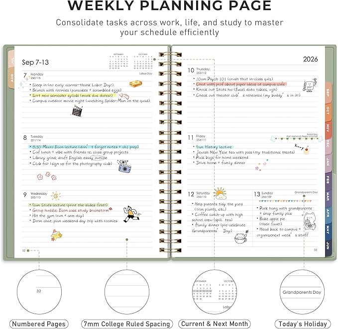 RETTACY Academic Planner 2026-2027, Weekly and Monthly, July 2026 - June 2027, Large Size (8.5" x 11"), Calendar, Agenda, 12-Month Tabs, for Student, Teacher, School (Light Green)