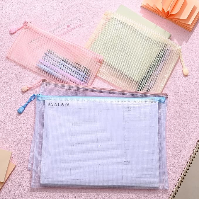 BAYTORY 18Pcs Mesh Zipper Pouch Bags, Clear Waterproof Document Bag, Assorted Color File Pockets, Large Capacity Plastic File Jackets, Multipurpose for Travel School Office and Home (Colorful)