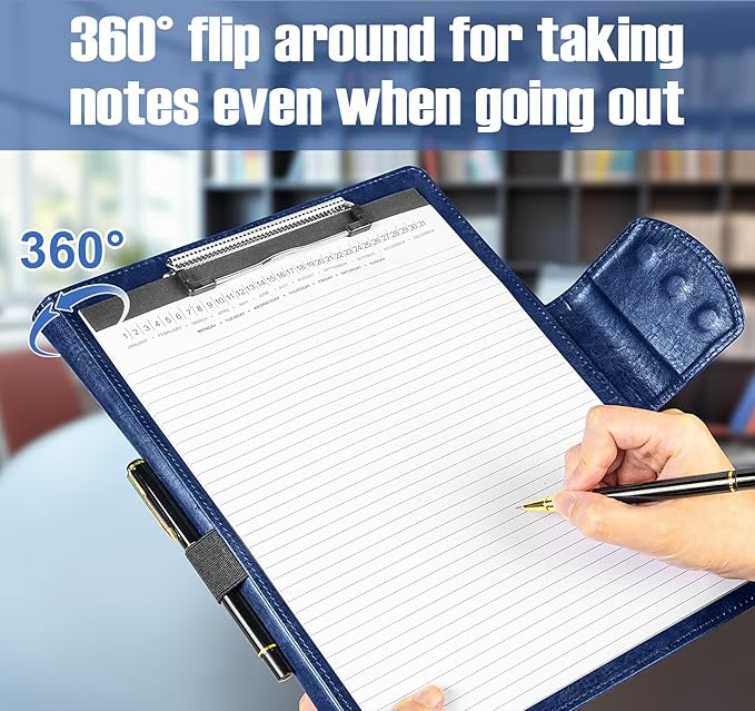 DIN A4 PU Leather Portfolio Folder Binder, Legal Pad Holder for A4 Letter Size Notepad, Magnetic Closure Business Clipboard with Cover Professional with 2 Pen for Men Women, Dark Blue