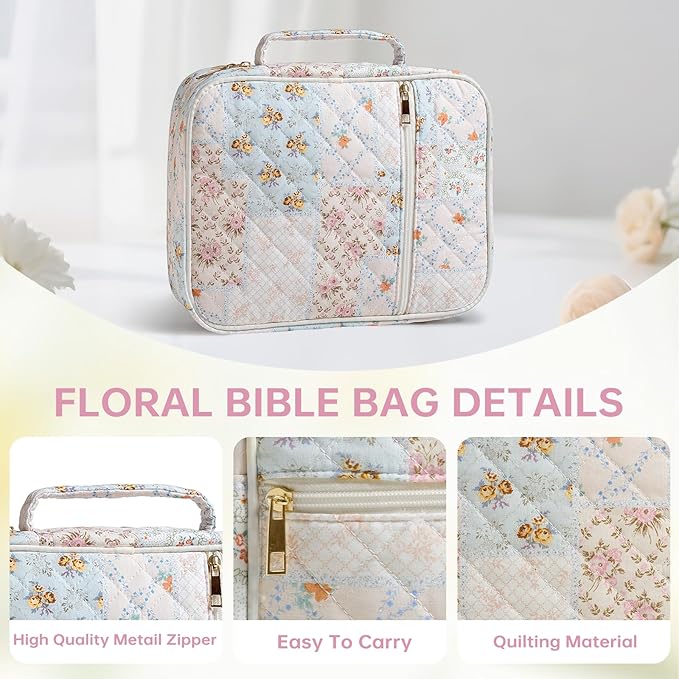 Bible Cover Case for Women Large Bible Cover with Durable Handle Quilted Bible Carrying Case for Girls Bible Study Supplies Accessories (Spliced Flower, Spliced Flower)