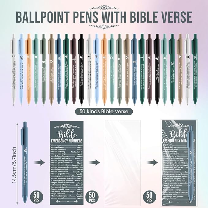 Feifeiya 50 Sets Christian Mothers Day Gifts Bulk Religious Pens Bible Verse Emergency Numbers Bookmarks Scripture Catholic Gifts for Women Men Church Welcome Sunday School(Boho Color,English)