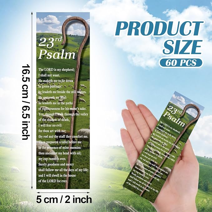 MotiMind 60 Pcs Shepherd's Staff Religious Bookmarks 23rd Psalm 6.5 x 2 Inches Inspirational Religious Bookmarks for Teens Men Women Bible Bookmark with Scriptures Church Exchange Christian Faith Gift