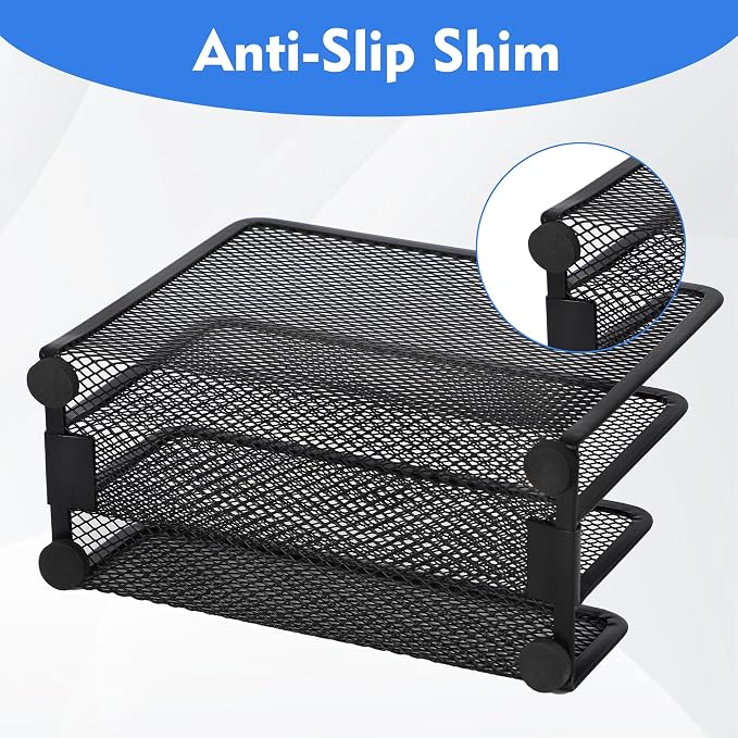 EASEPRES Desk Mail Organizer, Office Small Desktop Metal Mesh Envelope Letter Sorter Paper File Holder Organizer with 3 Vertical Upright Compartments, Black 1 Pack