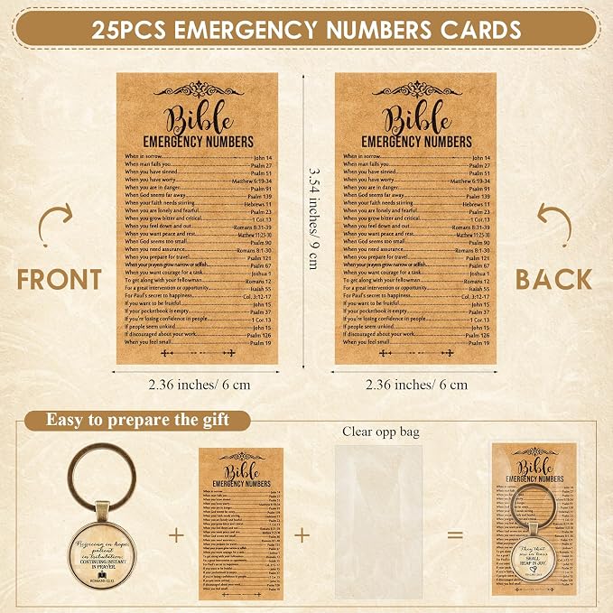 Junkin 25 Set Christian Keychain Gift Bulk for Men Fathers Day Church Bible Emergency Numbers Bookmark Bible Verse Keychain for Men Women Father Friends Coworkers (Vintage)
