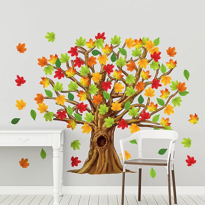 Gersoniel 90 Pieces Classroom Tree Bulletin Board Decorations Conversation Fall Leaves Cutouts Autumn Stickers for Classroom Home Wall Decor(Natural Style)