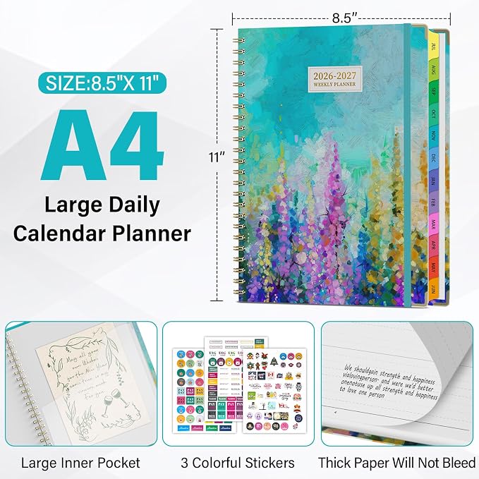 Planner 2026-2027, A4 Hardcover Weekly and Monthly Calendar Planner from July 2026 - June 2027, 8.5" x 11" Daily Agenda with Monthly Tabs, Spiral Bound, Inner Pocket, Cute Journal Organizer Notebook for Office School-Purple Oil Painting