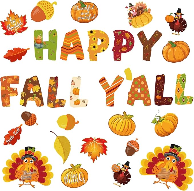 Marspark 68 Pieces Thanksgiving Classroom Decoration Fall Bulletin Border Decoration Pumpkin Maple Leaves Turkey Paper Cutouts Thanksgiving Wall Decor for Autumn Harvest Party School Home Windows
