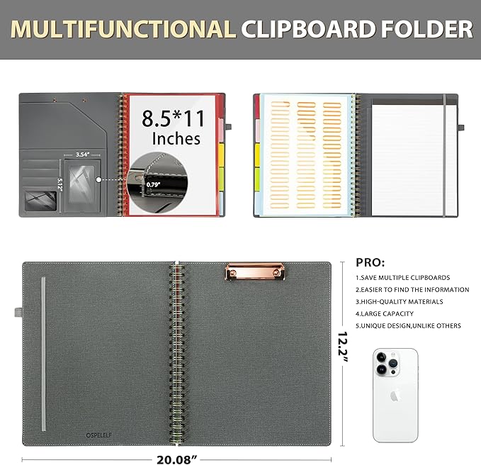 Ospelelf Clipboard with Storage for Men Women, Leather Padfolio Portfolio Organizer 5 Folders with 10 Pockets, Spiral Clipboard Folio with Notepad for Letter Size, Elastic Closure and Pen Loop Grey