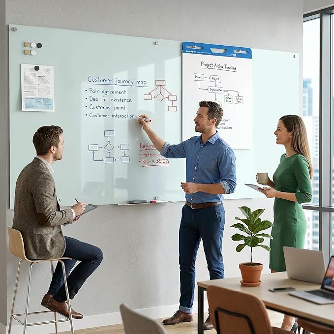 0.4mm Reinforced Metal Backing Glass White Board for Wall, 96" x 48" Extra Large Magnetic Tempered Glass Dry Erase Board with Frameless Design, 8' x 4' Glass Board for Home, Office, School