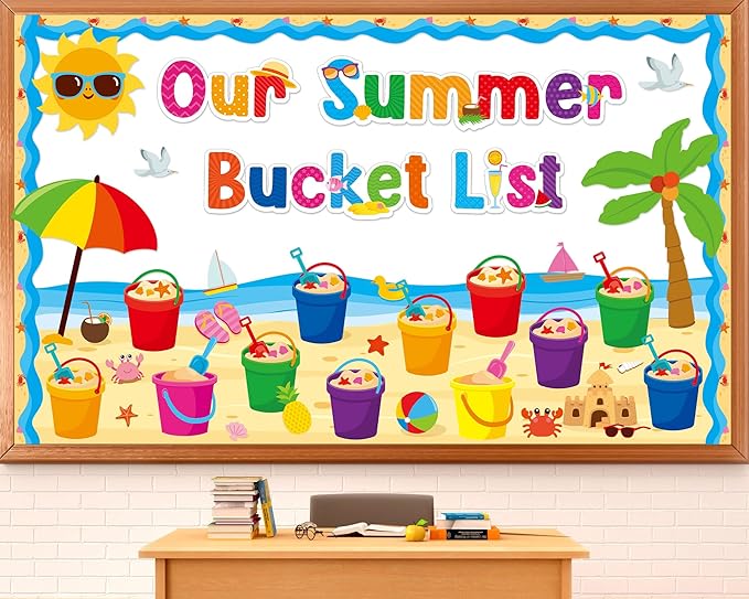 48Pcs Summer Bulletin Board Classroom Decorations Our Summer Bucket List Cutouts Hawaii Sun Beach Name Tags Tropical Hawaii Bucket List Paper Cutouts for Office School Home Chalkboard Classroom Decor