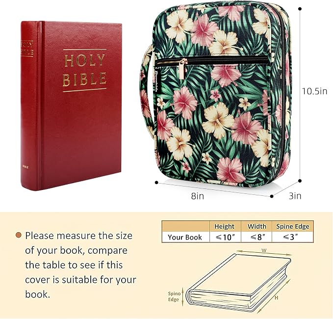 Bible Cover for Women with Flowers Printing, Bible Case,Bible Bag, Study Bible Case,Covers for Bible,Bible Boooks Covers for Women (600D Polyester, Green Leaves Flower Printing)