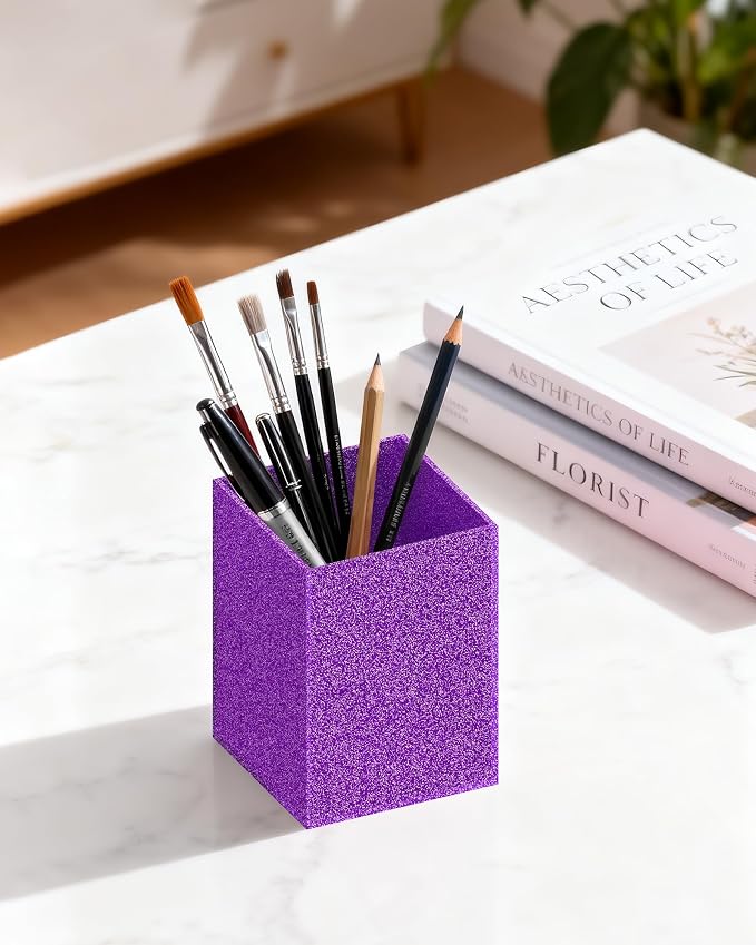 Purple Glitter Acrylic Pen Holder, Acrylic Makeup Brush Storage Organizer, Pencil Pen Holder for Desk, Modern Desktop Accessories for Office School Home Supplies