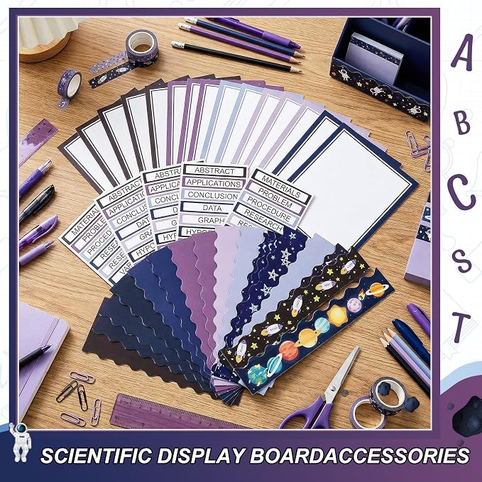 Fuyoooo 90 Pcs Science Fair Board Supplies 60 Trim Scalloped Bulletin Borders 24 Presentation Board Subtitles 6 Science Fair Titles for Classroom Display Boards(Space)