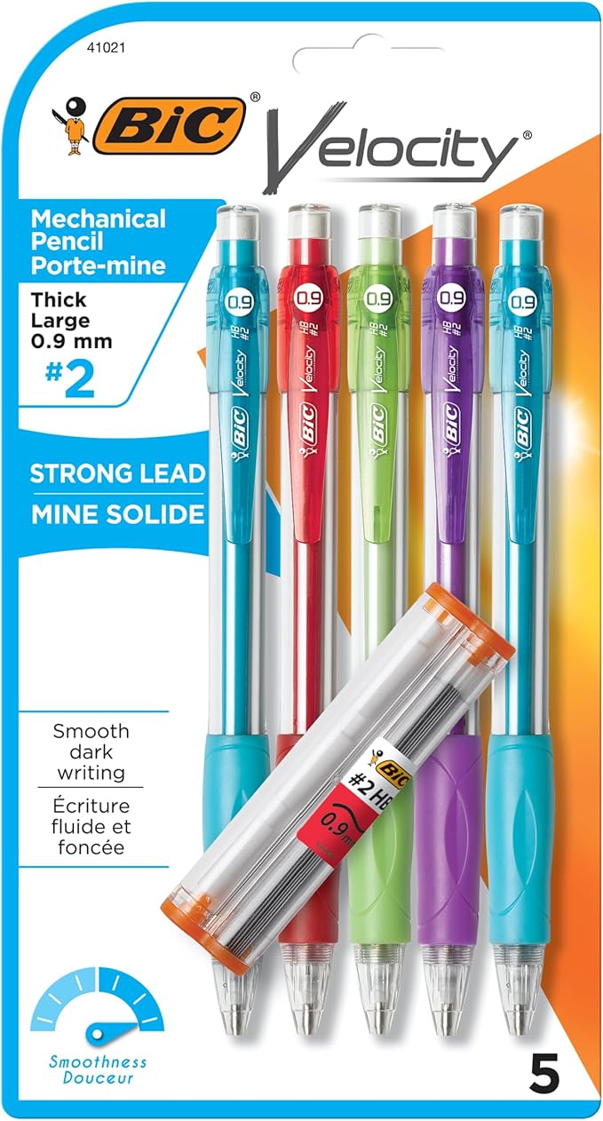 BIC® Velocity® Original Mechanical Pencils, 0.9 mm, Assorted Barrel Colors, Pack of 5