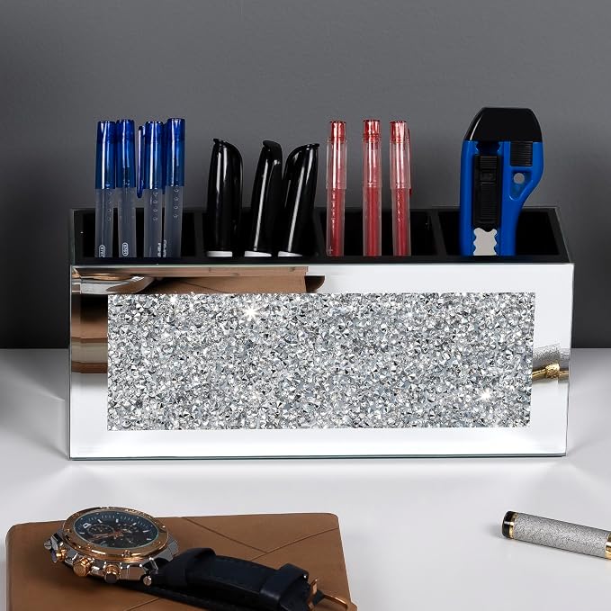 Mirrored Pen Holder 4 Compartments, Crushed Diamond Pencil Holder for Desk Glass Pen Organizer Cup for Countertop Accessory Storage, Silver