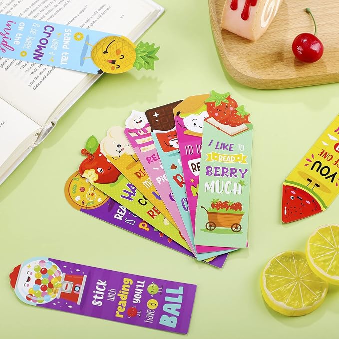 Eersida 60 Pieces Scratch and Sniff Scented Bookmarks Kids Fruit Food Theme Sayings Bookmarks Sayings Assorted Cute Scented Gifts for Students Teens Food Lovers, 10 Styles