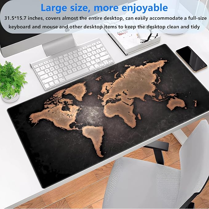World Map Gaming Desk Pad XXL Large Mouse Pad Vintage Style Full Desk Mat Extended Keyboard Pad with Stitched Edges, Non-Slip Base (31.5" x 15.7")