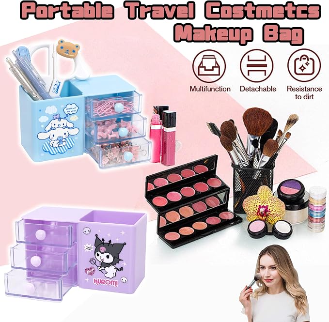 Roffatide Anime Desktop Drawer Desk Cartoon Office Supplies Container Pen Holder for Desk Cute Pencil Cup Pot Makeup Brush Holder Mini Box Blue