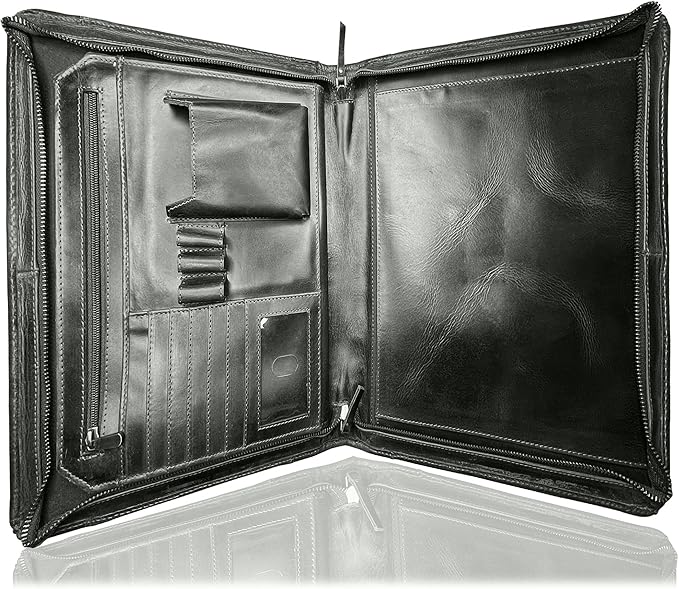 Leather Portfolio for Men - Full Grain Leather Padfolio Folder - Zipper Folio Documents Organizer - Professional Business Executive Gift for Men Women