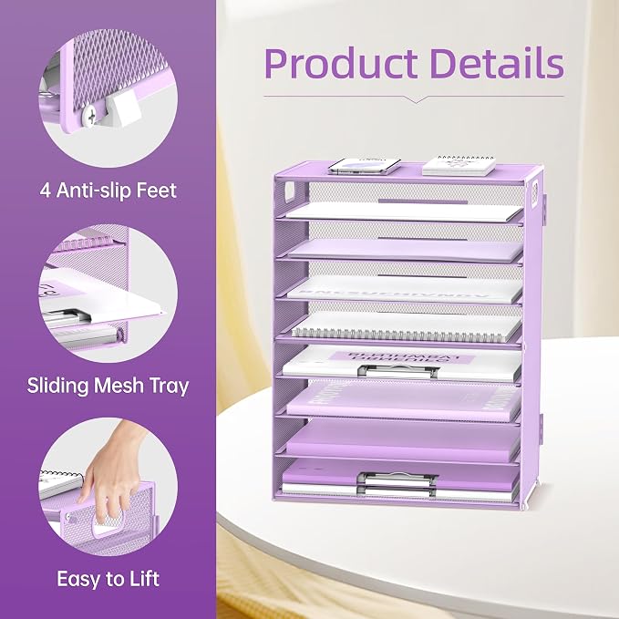 DALTACK 9-Tier Paper Organizer for Desk, Mesh Letter Tray Desk Organizer with Handles, Space-Saving File Organizer for Office Home School, Purple