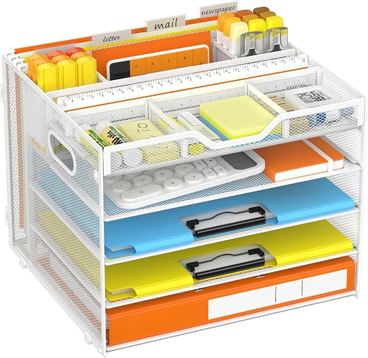 Docnest 5 Tier Letter Tray with Hanging File Organizer-Mesh Desk Organizer-Desktop Storage Box Built in Pen Holder and Handles, File Folder Holder for Mail Documents Office Supplies-White