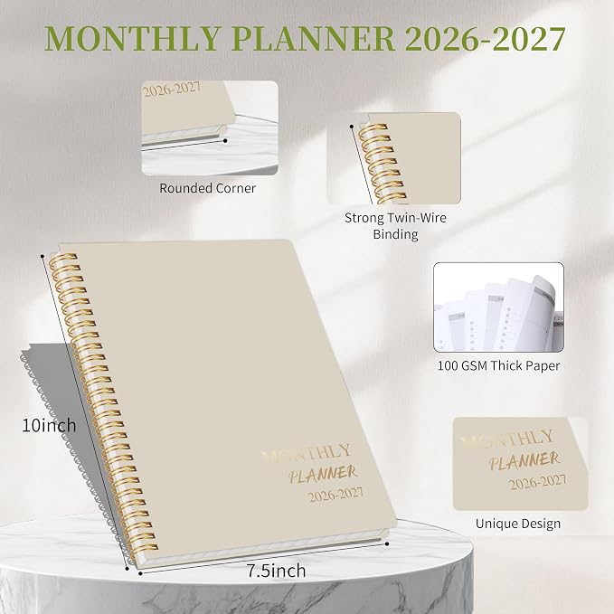 2026-2027 Monthly Planner - Jan. 2026 - Dec. 2027, 2 Year Calendar 2026-2027 Monthly Planner, 7.5" x 10", 24 Months Calendar with Note Pages, Twin-wire Binding, for Office, School Home Planning - Beige