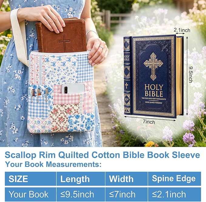 Gilprop Blue Spliced Bible Book Sleeve with Zipper 11" x 9" Padded Protector Washable Quilted Book Covers Printed Bible Pouch with Handle Pockets Protector for Books Lover Christian Gifts